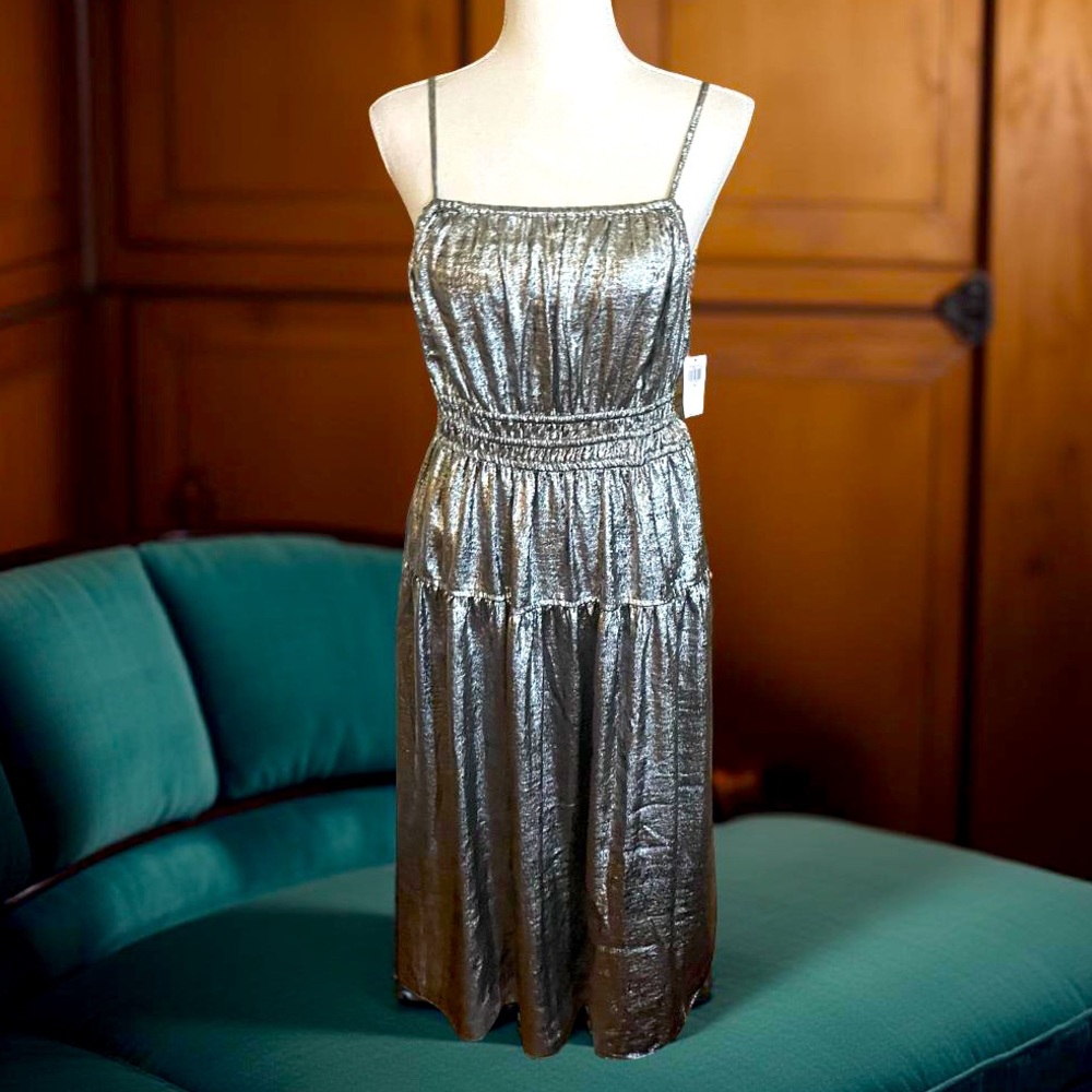 Old Navy silver metallic Midi Dress Size medium spaghetti straps elastic waist